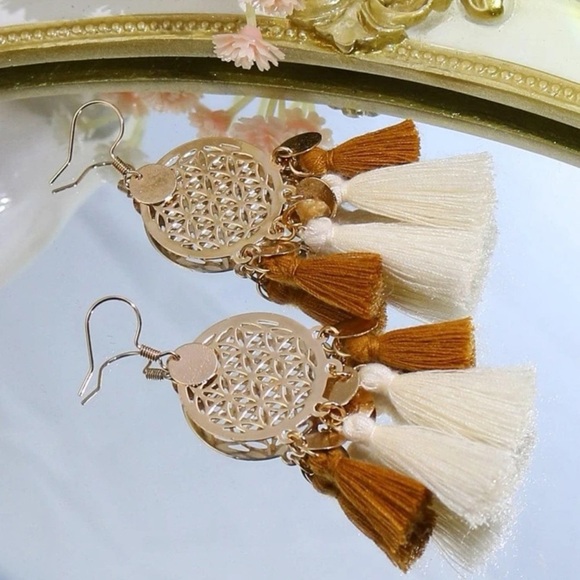 New Gold Boho Decor Earring with Brown and Cream Tassel - Picture 1 of 5